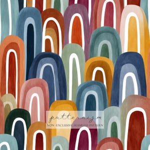 Może przedstawiać: Kolorowy, bezszwowy wzór z abstrakcyjnymi, łukowatymi kształtami w różnych odcieniach. Projekt zawiera odcienie niebieskiego, pomarańczowego, brązowego, zielonego i fioletowego z białymi akcentami. Widoczny jest tekst "patternizm" i "NON-EXCLUSIVE SEAMLESS PATTERN".