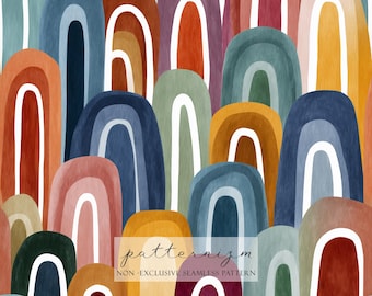 Boho Regenbogen Musterdesign Digitales Papier - Abstrakte Retro Bögen in Erdtönen für die Kinderzimmer Wand Kunst & digitales Handwerk