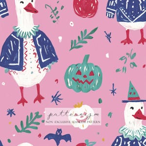 May include: A colourful pattern with geese in blue jackets and hats, pumpkins, strawberries, and bats on a pink backdrop. The design incorporates floral and star motifs, creating a cheerful and playful aesthetic.