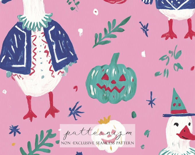 Halloween Goose Seamless Pattern – Cute Spooky Geese with Pumpkins, Bats & Fall Autumn Elements, Whimsical Repeat Design for Fabric, Crafts