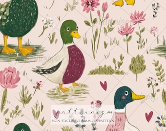 Watercolor Duck Pattern Digital Paper – Romantic Goose and Duck Florals, Cottagecore Seamless Farm Design