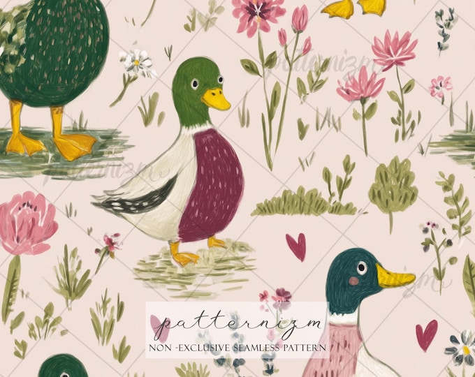 Watercolor Duck Pattern Digital Paper – Romantic Goose and Duck Florals, Cottagecore Seamless Farm Design