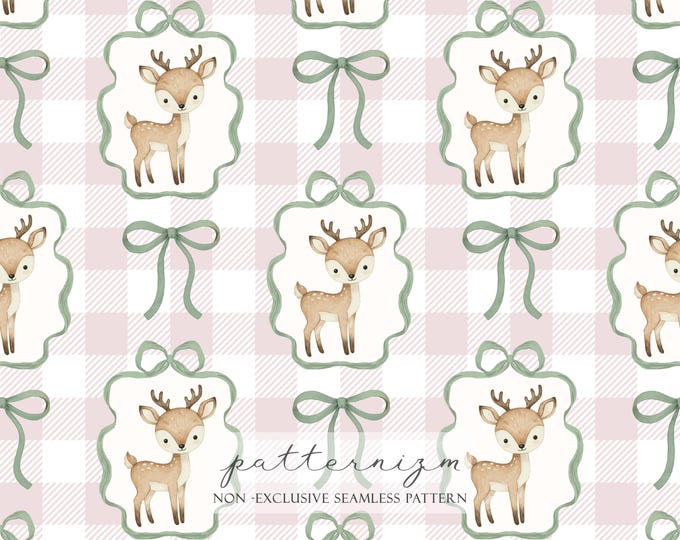 Seamless Grandmillenial Deer Digital Pattern Paper – Baby Woodland Reindeer with Bow, Pink Gingham Nursery Paper, Frames, Ribbons, Trendy