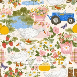 Seamless Farm Pattern Digital Download – Country Duck Floral Design, Cottagecore Printable Paper, Tractor Spring Fabric Print