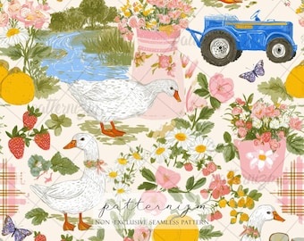 Seamless Farm Pattern Digital Download – Country Duck Floral Design, Cottagecore Printable Paper, Tractor Spring Fabric Print