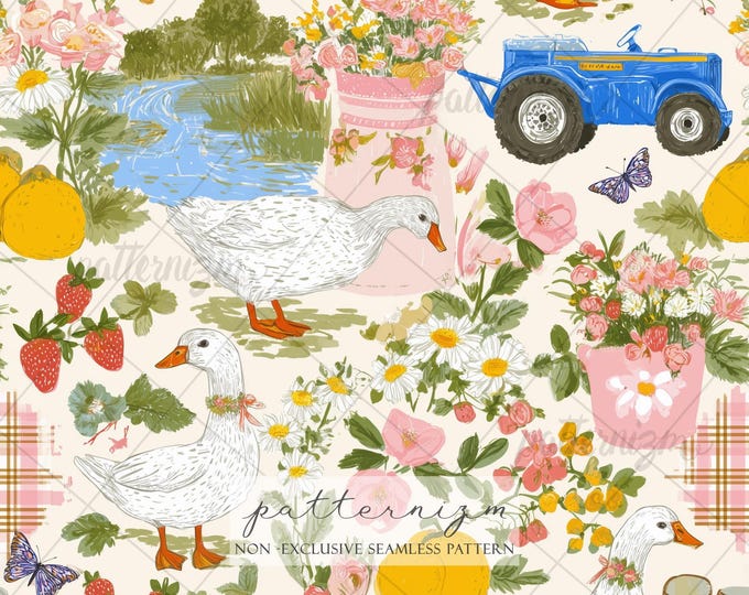 Seamless Farm Pattern Digital Download – Country Duck Floral Design, Cottagecore Printable Paper, Tractor Spring Fabric Print
