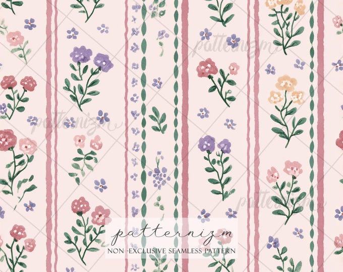 Pink Pastel Spring Floral Seamless Background, Stripe Floral Pattern, Seamless Ditsy Floral Pattern, Repeat, Wallpaper, Scrapbook, Journal