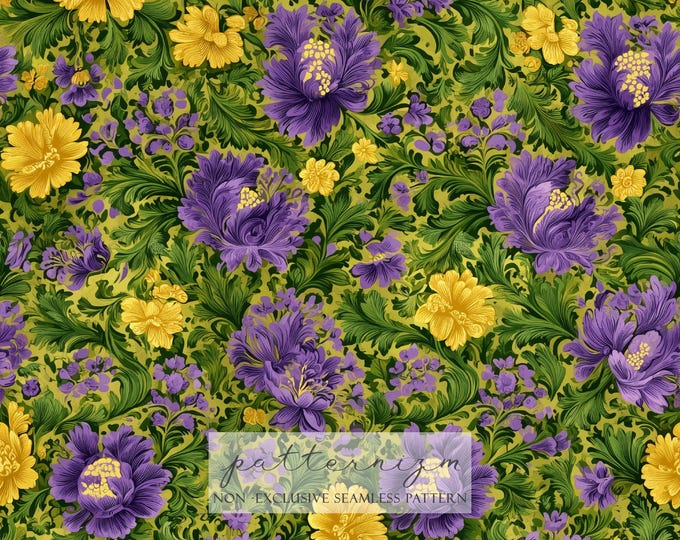 Mardi Gras Floral Seamless Pattern - Purple Yellow Green - Background - Scrapbook - Journal - Digital Paper Download - Trending Now