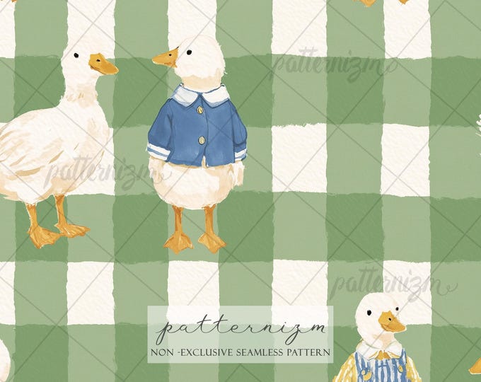 Seamless School Duck Pattern Digital Download – Cute Back to School Goose Design, Gingham Nursery Print, Whimsical Kids Fabric