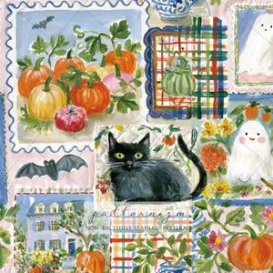 May include: A seamless pattern featuring painted illustrations of orange pumpkins, a black cat, white ghosts, a bat, and a house. The design includes colorful plaid squares and floral elements on a light pink background with the text patternizm.