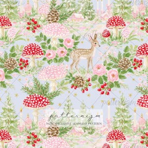 May include: A seamless pattern featuring a fawn, red and white spotted mushrooms, pink roses, pinecones, evergreen trees, and red berries on a light blue background. The text reads patternizm NON-EXCLUSIVE SEAMLESS PATTERN.