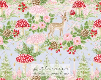Seamless Pattern, Winter Deer Digital Download, Mushroom Forest Repeat Design, Woodland Christmas Wallpaper Fabric Print