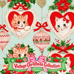 May include: Wrapping paper featuring a light blue background with illustrations of kittens inside red heart-shaped ornaments, pink and white striped baubles, red poinsettias, and green holly. A central banner reads Vintage Christmas Collection.