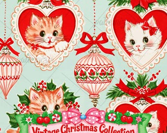 Vintage Christmas Cat Seamless Pattern, Retro Kitten Poinsettia Holiday Fabric, Christmas Ornament Digital Download