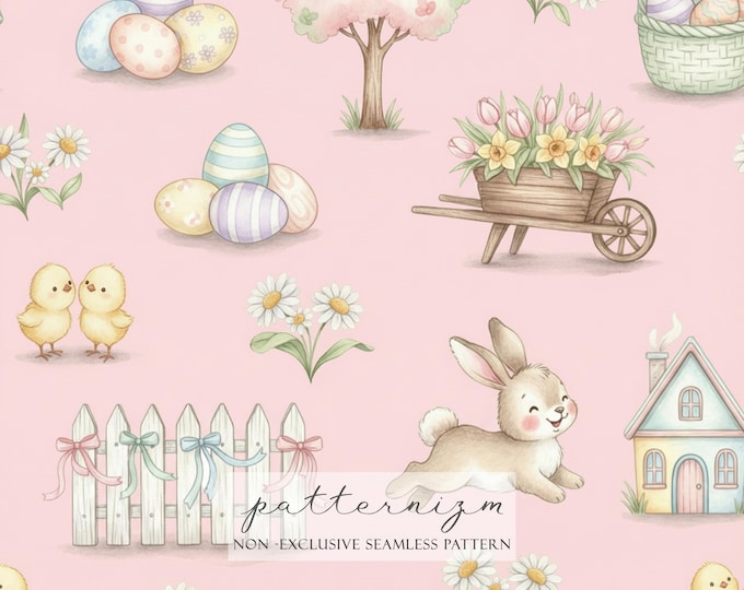 Easter Bunny Seamless Pattern Digital Download – Cute Spring Cottagecore Repeat with Eggs, Chicks, Daisies,Garden, Nursery Fabric Design