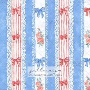 May include: Seamless pattern featuring vertical stripes in red and white, alternating with blue stripes. The design includes red and blue bows, white lace trim, and floral accents. The text "patternizm NON EXCLUSIVE SEAMLESS PATTERN" is visible.