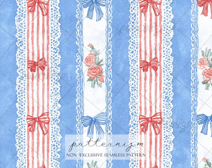 Seamless Coquette Patriotic Stripe Pattern Digital Download – Red Blue Bow & Lace Design, Romantic Americana Floral, 4th of July Fabric