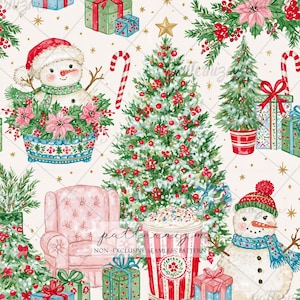 Op de afbeelding: Een naadloos kerstpatroon met aquarelillustraties van sneeuwpoppen, versierde kerstbomen, ingepakte cadeaus, zuurstokken, kerststerren, een roze fauteuil en een gestreepte emmer popcorn op een crèmekleurige achtergrond met gouden sterren.