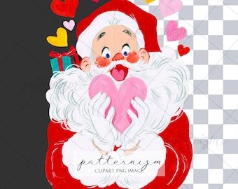 Retro Santa Clipart PNG Holding Pink Heart – Vintage Christmas Valentine Illustration