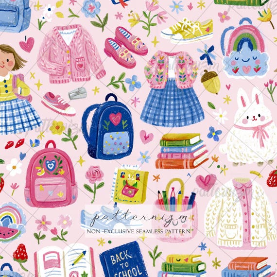 Girly Back to School Seamless Pattern Digital Download – Cute Kawaii School Repeat Design