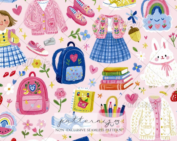 Girly Back to School Seamless Pattern Digital Download – Cute Kawaii School Repeat Design