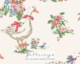 Watercolor Goose Floral Seamless Pattern Digital Paper – Cute Bow Goose Design with Vintage Flowers