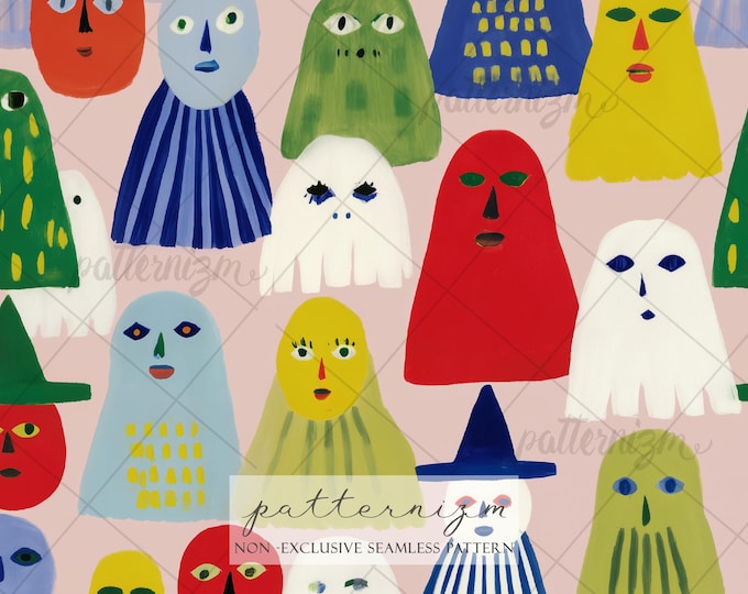 Whimsical Ghost Character Seamless Pattern – Cute Spooky Illustration, Playful Halloween Repeat