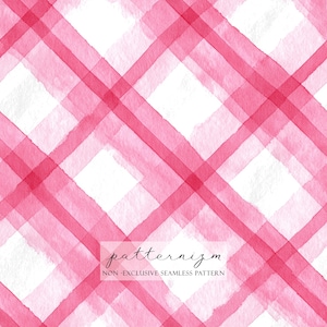 Puede incluir: Patrón de cuadros de acuarela en tonos rosa y blanco. Las líneas diagonales se cruzan para crear un diseño de cuadrícula. El texto "patternizm" y "NON-EXCLUSIVE SEAMLESS PATTERN" están en la parte inferior.