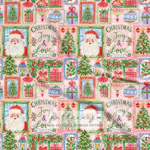 K&ouml;nnte beinhalten: Ein sich wiederholendes Muster auf rosa Hintergrund mit Illustrationen vom Weihnachtsmann, geschm&uuml;ckten Tannenb&auml;umen, Geschenken, Weihnachtskugeln, Laternen und Stechpalmen. Der Text Christmas Joy & Love ist in gr&uuml;ner Schrift zu sehen.
