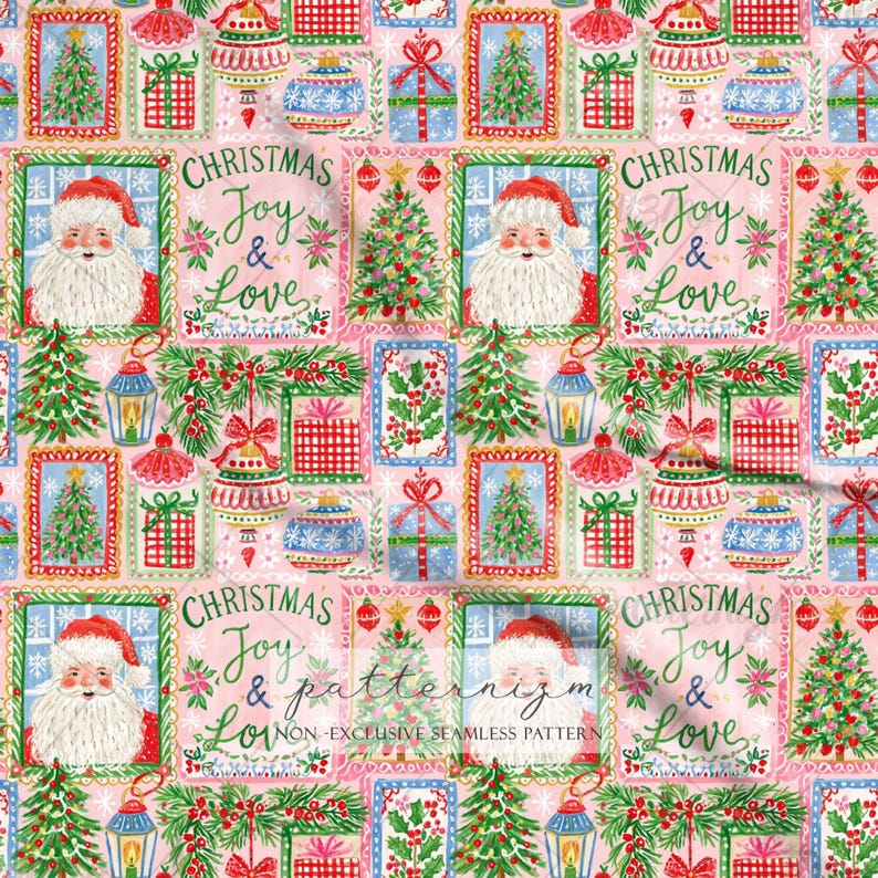 K&ouml;nnte beinhalten: Ein sich wiederholendes Muster auf rosa Hintergrund mit Illustrationen vom Weihnachtsmann, geschm&uuml;ckten Tannenb&auml;umen, Geschenken, Weihnachtskugeln, Laternen und Stechpalmen. Der Text Christmas Joy & Love ist in gr&uuml;ner Schrift zu sehen.