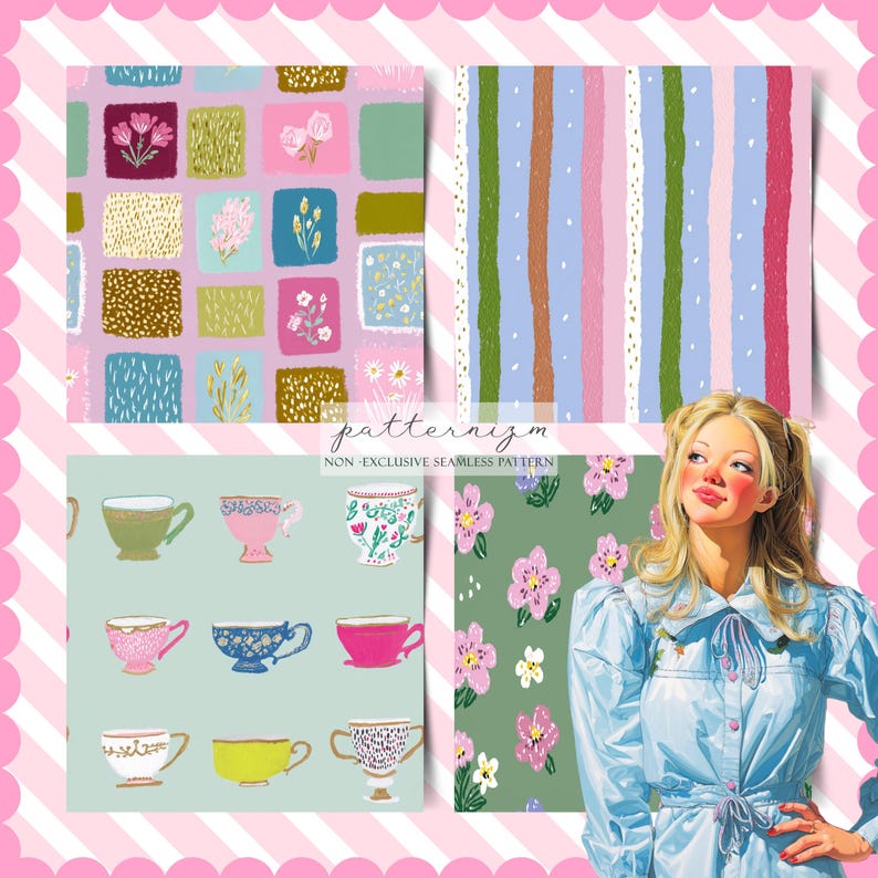 May include: Four seamless pattern designs with floral and striped motifs, and teacups. The patterns are in pink, green, blue, and gold. A vintage illustration of a woman in a blue dress is also included.
