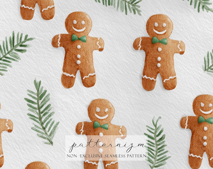 Gingerbread Christmas Seamless Pattern – Cute Cookies and Pine Leaves on White, Holiday Digital Paper for Cards, Tags & Crafts