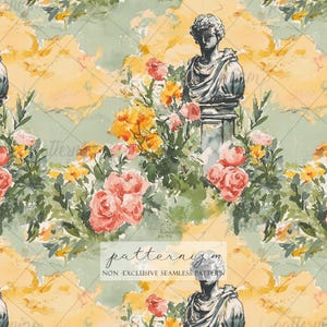 May include: Watercolor seamless pattern featuring classical busts surrounded by flowers in shades of pink, yellow, and green. The background has a cloudy, textured appearance. The text "patternizm" and "NON-EXCLUSIVE SEAMLESS PATTERN" are visible.