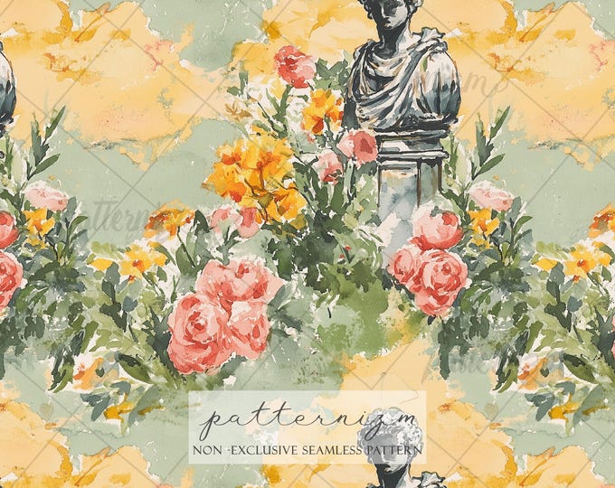Seamless Classical Garden Pattern Digital Download – Vintage Statue with Floral Garden Illustration, Romantic Fabric Print