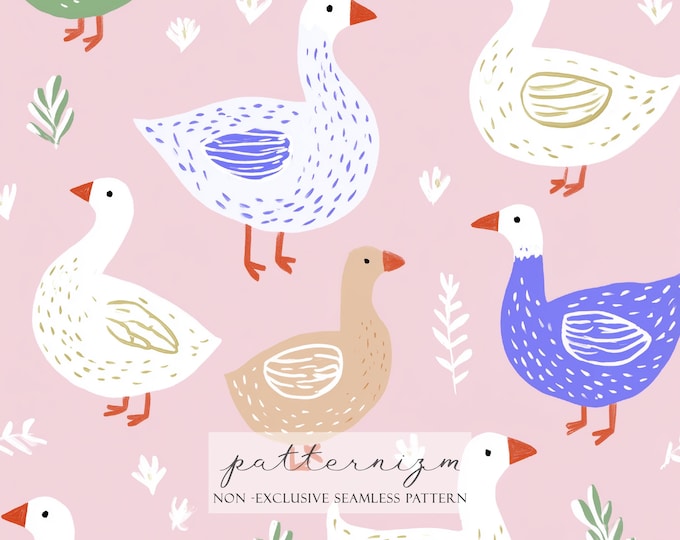Cute Goose Seamless Pattern – Painted Farm Goose Repeat Design, Pink Nursery Fabric, Playful Animal Print