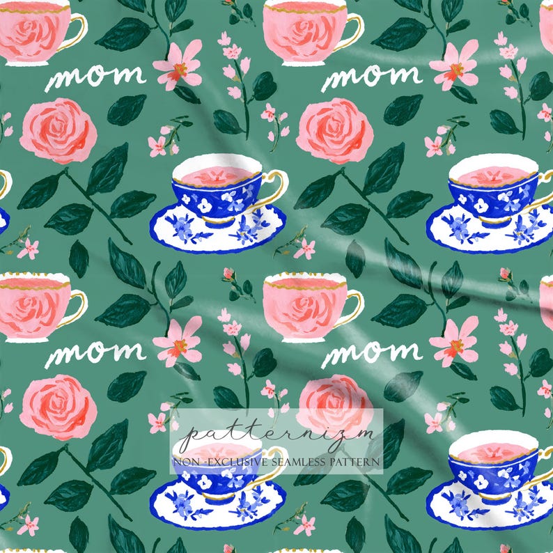Seamless Mom Tea Floral Pattern Digital Download – Vintage Teacups and ...
