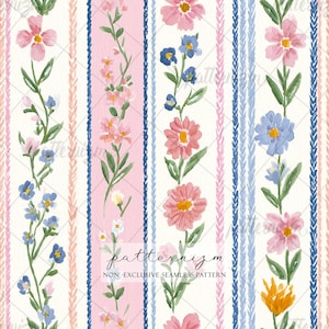 Digitaal papier aquarel bloemenstreep – geschilderd roze en blauw wilde bloemen naadloos patroon voor voorjaarsknutsels, stof en scrapbooking
