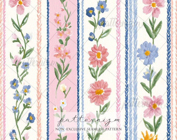 Watercolor Floral Stripe Digital Paper – Painted Pink Blue Wildflowers Seamless Pattern for Spring Crafts, Fabric & Scrapbooking