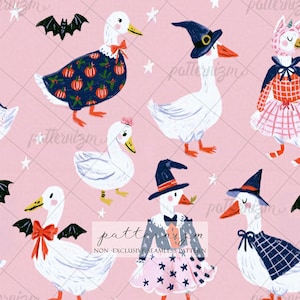 May include: A seamless pattern on a light pink background featuring white geese in various costumes, including witch hats, bat wings, and patterned outfits, interspersed with small white stars and black bat silhouettes, with the text patternizm visible.