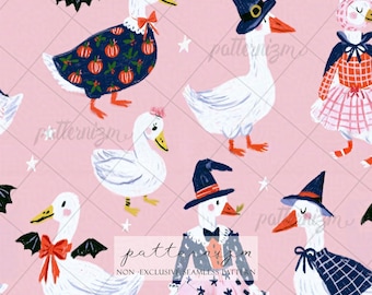Halloween Goose Seamless Pattern Digital Download – Witch Ducks and Bats, Whimsical Autumn Fabric Design