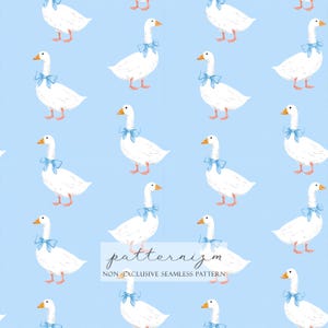 May include: Seamless pattern featuring white geese with blue bows on a light blue background. Each goose has an orange beak and feet. The pattern includes the text "patternizm" and "NON-EXCLUSIVE SEAMLESS PATTERN".