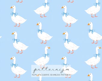 Seamless Goose Pattern Digital Download – Cute White Duck with Blue Bow, Baby Nursery Animal, Wallpaper, Cottagecore, Trendy, Trending Now
