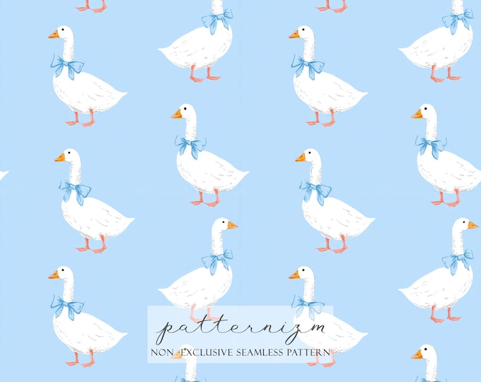 Seamless Goose Pattern Digital Download – Cute White Duck with Blue Bow, Baby Nursery Animal, Wallpaper, Cottagecore, Trendy, Trending Now