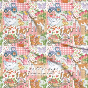 May include: A repeating pattern fabric featuring illustrations of blue tractors, white geese with pink bows, brown calves, yellow ducklings, pink watering cans, wheelbarrows filled with strawberries, carrots, and brown boots on a pink plaid background.