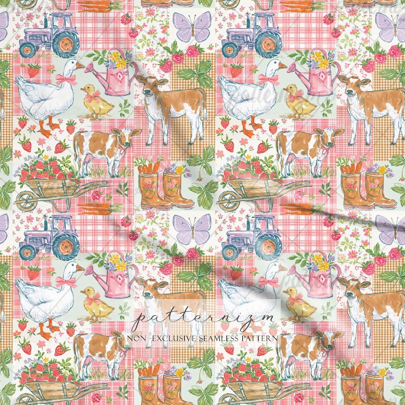 May include: A repeating pattern fabric featuring illustrations of blue tractors, white geese with pink bows, brown calves, yellow ducklings, pink watering cans, wheelbarrows filled with strawberries, carrots, and brown boots on a pink plaid background.