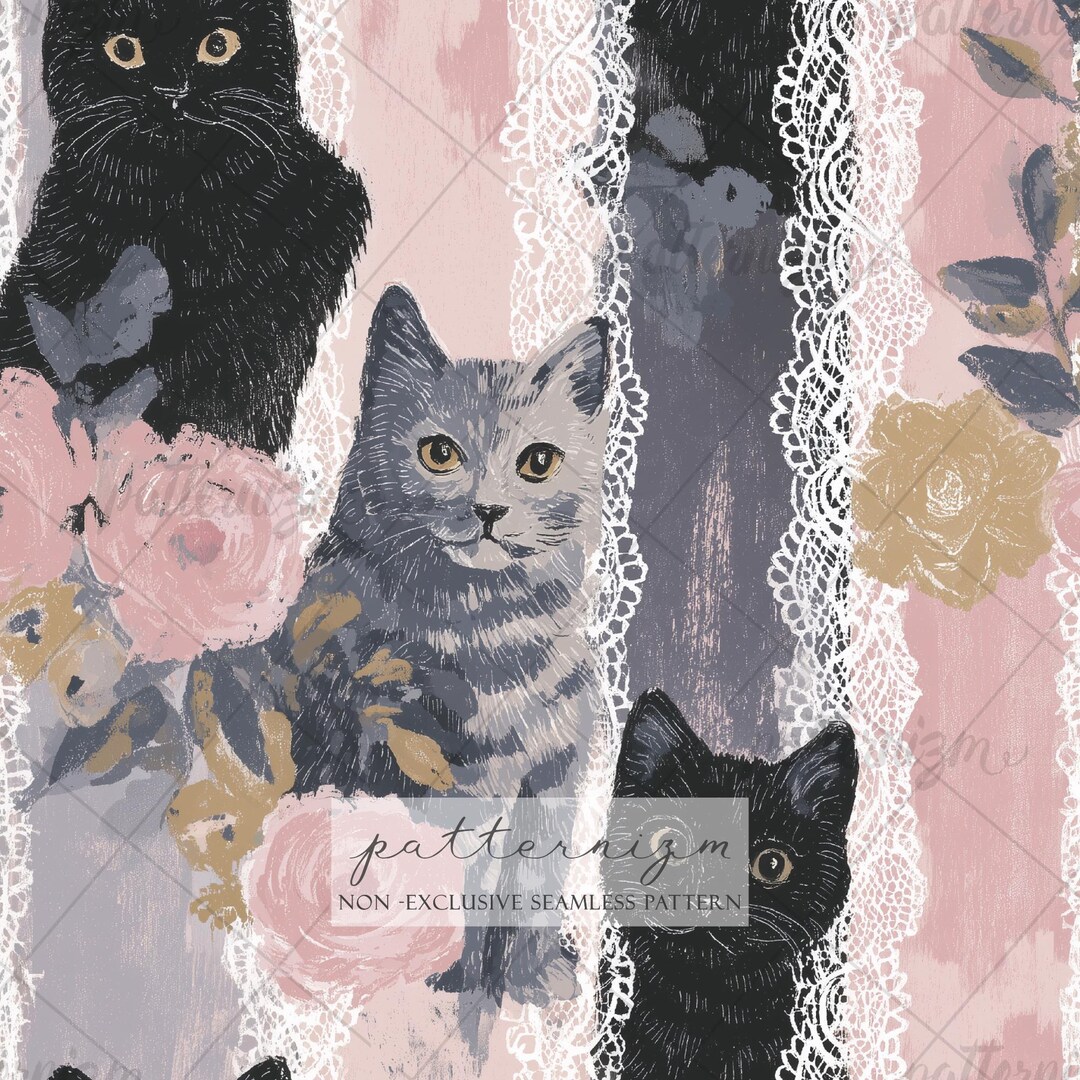 Whimsical Cat & Lace Seamless Pattern – Vintage Kittens Repeat - Etsy