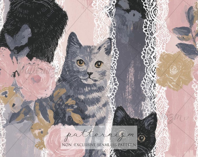 Whimsical Cat & Lace Seamless Pattern – Vintage Kittens Repeat