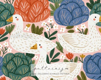 Cottagecore Goose Seamless Pattern Digital Download – Floral Duck & Cabbage Garden Fabric Print