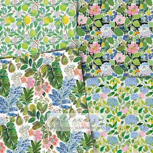 May include: A collection of four floral pattern designs. The patterns feature lemons, pink flowers, blue hydrangeas, and other botanical elements. The designs are in watercolor style with a white background. The image includes the text "patternism" and "NON-EXCLUSIVE SEAMLESS PATTERN".