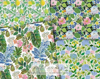 5 Tropische Florale nahtlose Muster Papierpackung, helle Acrylblumen Hintergrund für Scrapbooking & Stoff, digitaler Download, Trending